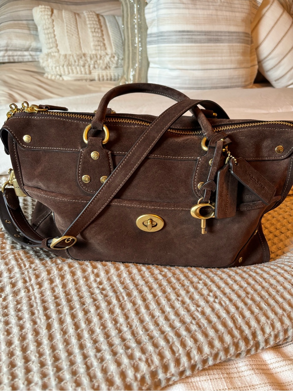 Coach Rhyder 38 Dark Brown Suede Satchel with Gold Hardware